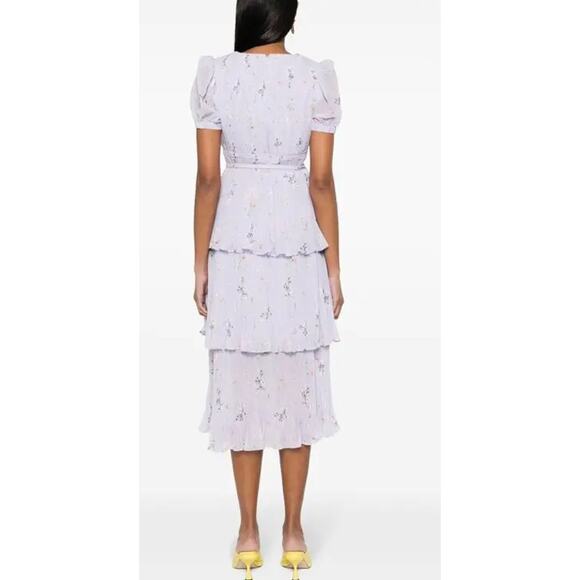 SELF-PORTRAIT‎ Belted pleated Floral Print Chiffon Midi Dress Size 12 NWT - Picture 3 of 12
